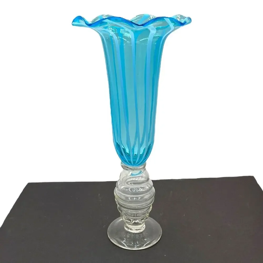 Vtg 14'' Blue Hand Blown Glass Vase Spiral Ice Blue Ruffled Top Clear‎ Base EUC